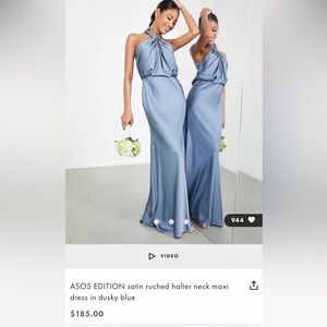 ASOS EDITION satin ruched halter neck maxi dress in dusky blue, size 2